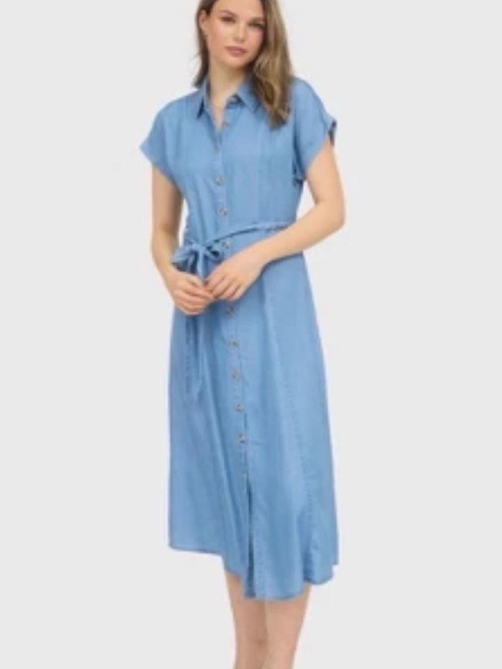 August Sky Women's Collared Belted Button Dress, Chambray